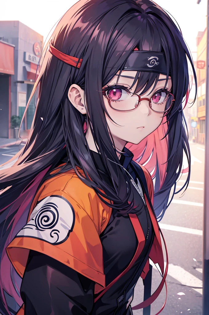 anime girl with glasses and long hair, anime visual of a cute girl, anime style. 8K, pin on anime, anime vibes, anime style 4 k, anime moe artstyle, anime aesthetic, anime girl desktop background, anime visuals, anime girl with real hair, ethereal anime, anime girl with long hair, beautiful anime portrait , anime , naruto, naruto anime, Sharingan background, at night, dark , Sharingan , Wearing Naruto's headband