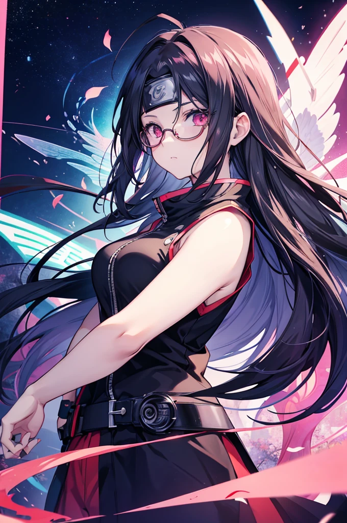 anime girl with glasses and long hair, anime visual of a cute girl, anime style. 8K, pin on anime, anime vibes, anime style 4 k, anime moe artstyle, anime aesthetic, anime girl desktop background, anime visuals, anime girl with real hair, ethereal anime, anime girl with long hair, beautiful anime portrait , anime , naruto, naruto anime, Sharingan background, at night, dark , Sharingan , Wearing Naruto's headband