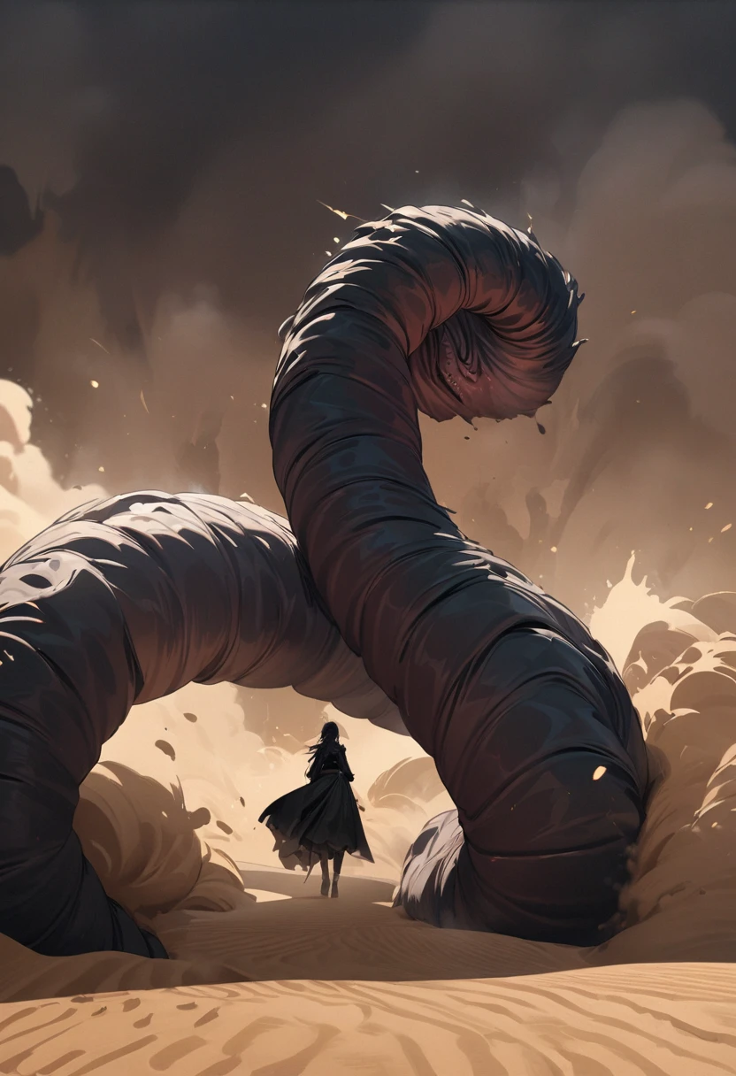 The evil big worm emerges from the sand, background Sandstorm, in the desert. perfect , masterpiece, best quality, 16k, beautiful detailed darkness, daydreaming expression.