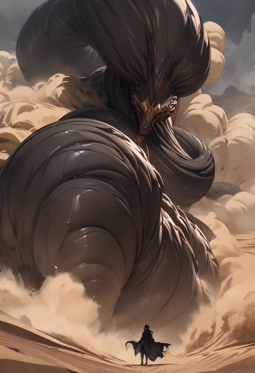 The evil big worm emerges from the sand, background Sandstorm, in the desert. perfect anatomy, masterpiece, best quality, 16k, beautiful detailed darkness, daydreaming expression.