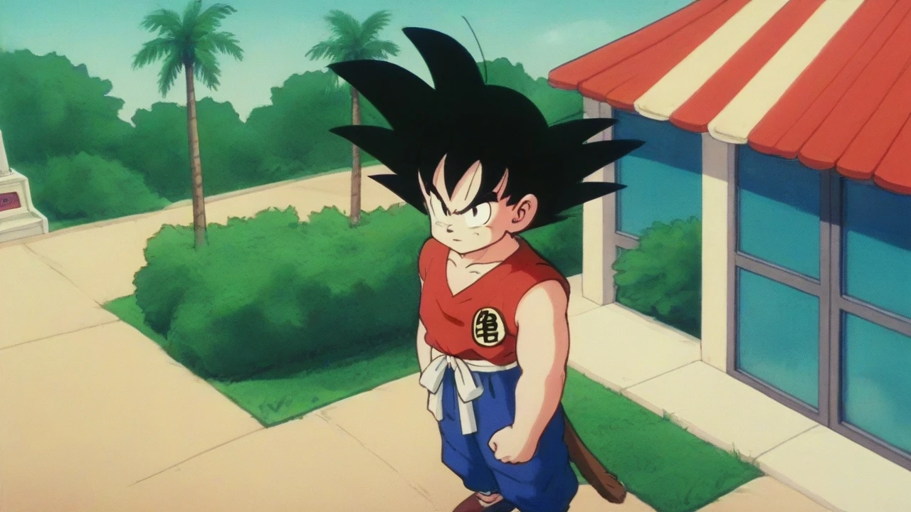 fountain_アニメ, punctuation_9, punctuation_8_High above, punctuation_7_High above, captura de tela de アニメ,8K, Absurd resolution,
Son Goku, aged High above, standing alone, gazing at viewer, chemise, Bblack hair, ung boy, clavicle, High aboveper body, male focus, plein-air, sky, sleeveless, giorno, nube, eyes black, Tree, blue sky, scowl, nubey sky, spiky hair, (red tops), serious, palm Tree, symbol, printed tops, V-shaped eyebrows, clothes writing, arms at side, 1980s \(styled\), dougi, grit, retro artstyled, bare arms