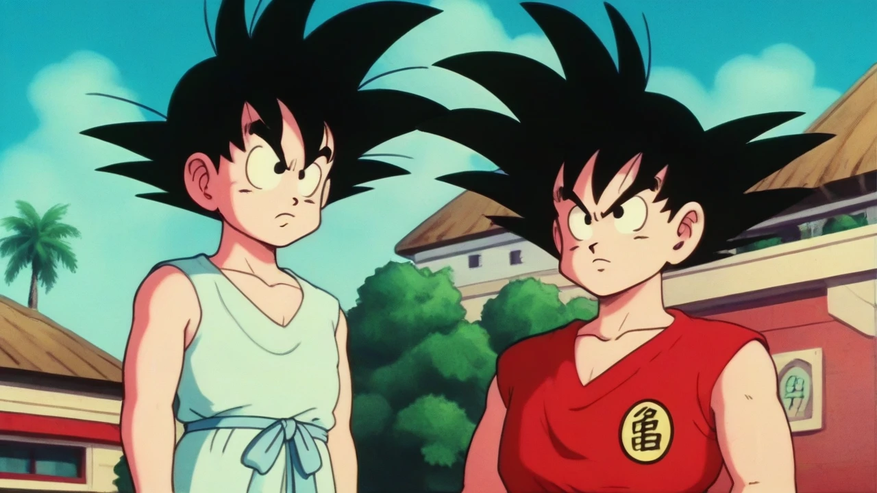 fountain_アニメ, punctuation_9, punctuation_8_High above, punctuation_7_High above, captura de tela de アニメ,8K, Absurd resolution,
Son Goku, aged High above, standing alone, gazing at viewer, chemise, Bblack hair, ung boy, clavicle, High aboveper body, male focus, plein-air, sky, sleeveless, giorno, nube, eyes black, Tree, blue sky, scowl, nubey sky, spiky hair, (red tops), serious, palm Tree, symbol, printed tops, V-shaped eyebrows, clothes writing, arms at side, 1980s \(styled\), dougi, grit, retro artstyled, bare arms