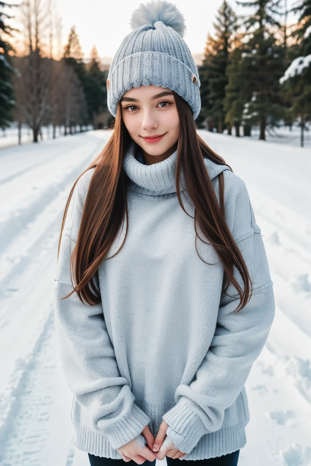 standing alone, very detailled, face detailed, pretty long hair, image of a beautiful young woman, Dasha_taran, sfw, winter, wearing a big pullover and beanie, neve, neveing, Tuuli, soft smiling