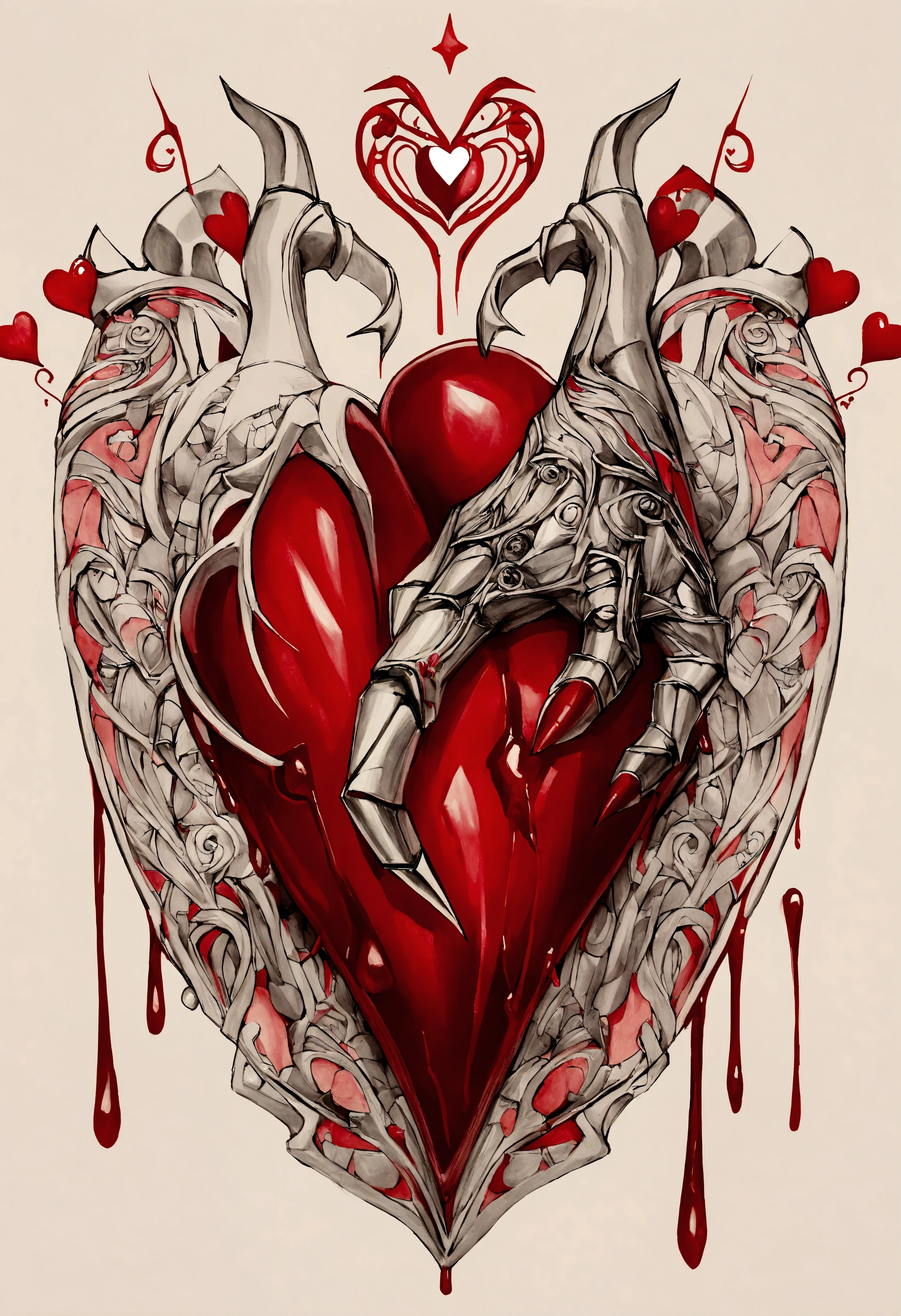 a drawing of a heart with a dragon claw on it, real heart, โ๏ธ๐จ, anatomical heart, anatomically correct heart, my heart is human, real heart!, human heart, hand drawn illustration, highly detailed illustration, hand draw, detailed but rough, heart effects, outlined hand drawn, hand - drawn digital art, very detailed feel, hard outline. and the blood dripping is metallic red act as a nail polish. BLOOD DRIP COLOR RED AND ITS METALLIC ACTING LIKE A NAIL POLISH.