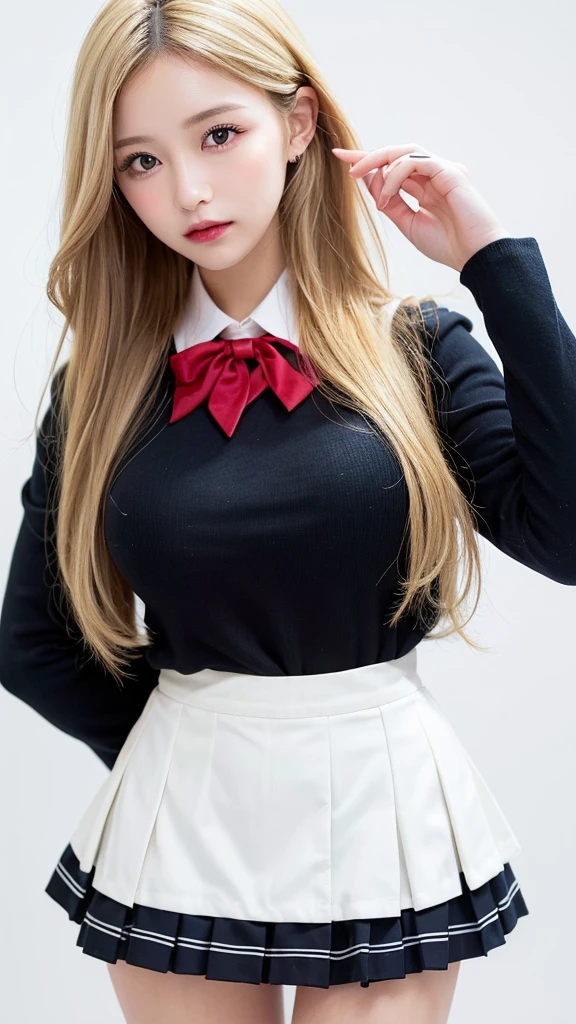 (((forehead、Blonde、Northern Europe、White people、beautiful girl、Blonde、White background、Idol、uniform、mini skirt)))、table top, highest quality, figure, super detailed, finely, High resolution, 8k wallpaper, Perfect dynamic composition, detailed and beautiful eyes, Deco out,bionde, medium hair, super big breasts, Natural color lip,white background, random cute poses,frill dress
