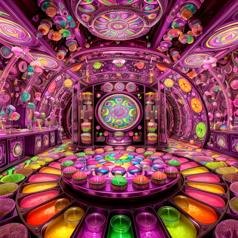 Imagine Mr. Wonka's secret candy lab: swirling psychedelic machines hum softly amid a kaleidoscope of colors. A gum machine brims with glowing test tubes, each bubbling with exotic flavors. Shadows dance playfully as candies of every shape and size gleam under vibrant, magical lights.