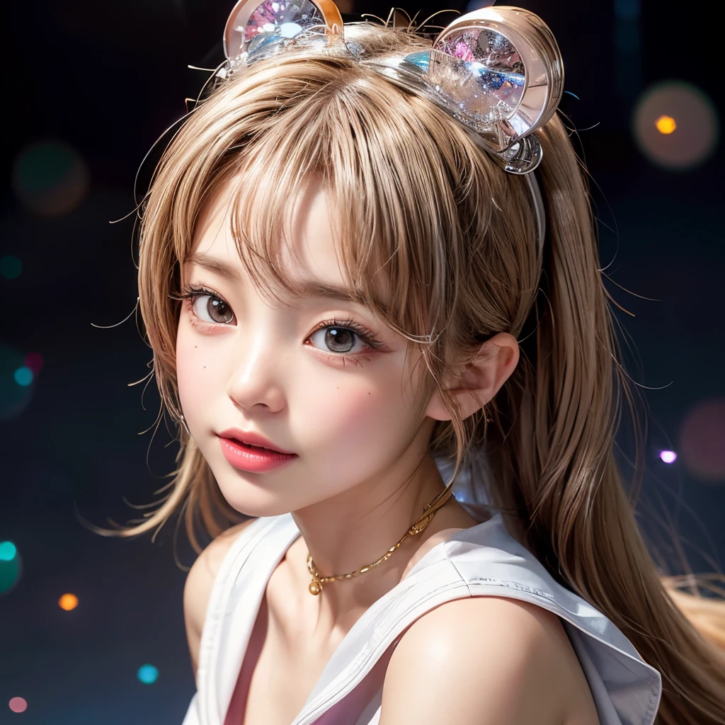 , 8k, High-level, absurd, masterpiece, best quality, primitive, very detailed CG, very detailed wallpaper, perfect lighting, Extremely detailed (((The personifying " Sailor chibi Moon " as a Little Girl))), MysticSight, Tyndall effect, Tyndall scattering, Studio gray background with (many Dazzling RainbowColor particles BokeH:1.28), (RoundlyButts, ThighGap), (:0.4), ( with looking ahead), BREAK (NOGIZAKA face variations) Extremely Detailed very KAWAII face variations, perfect , Childish, captivating gaze, elaborate detailed Eyes with (sparkling highlights:1.28), long eyelashes、Glossy RED Lips with beautiful details, Coquettish tongue, Rosy cheeks, Radiant PearlSkin with clear transparency . { (Dynamic LifeLike expressions:1.4) | :d) }, (large eyes:-1) .
