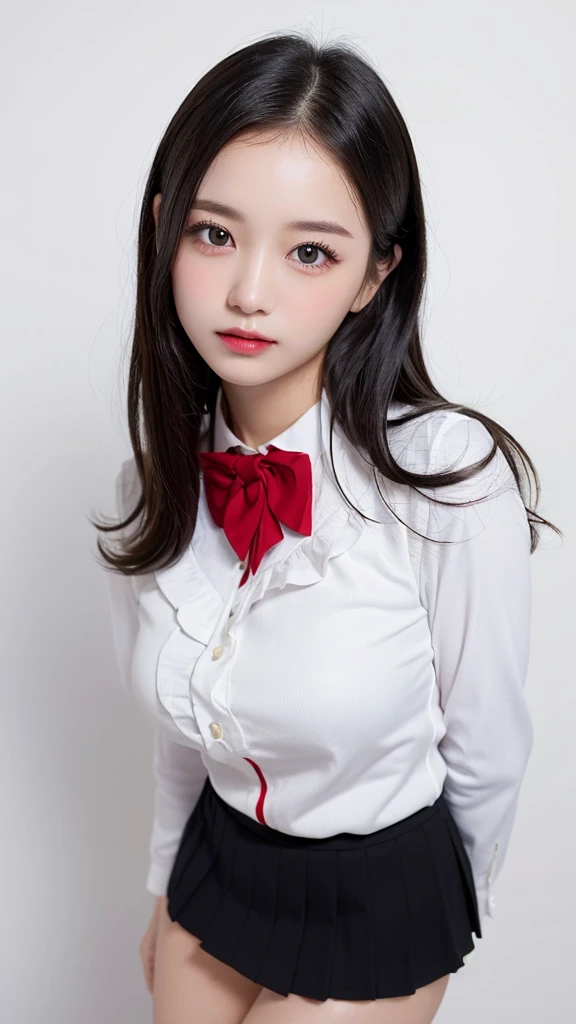 (((forehead、Northern Europe、White people、beautiful girl、Black Hair、White background、Idol、uniform、mini skirt)))、table top, highest quality, figure, super detailed, finely, High resolution, 8k wallpaper, Perfect dynamic composition, detailed and beautiful eyes, Deco out,bionde, medium hair, super big breasts, Natural color lip,white background, random cute poses,frill dress