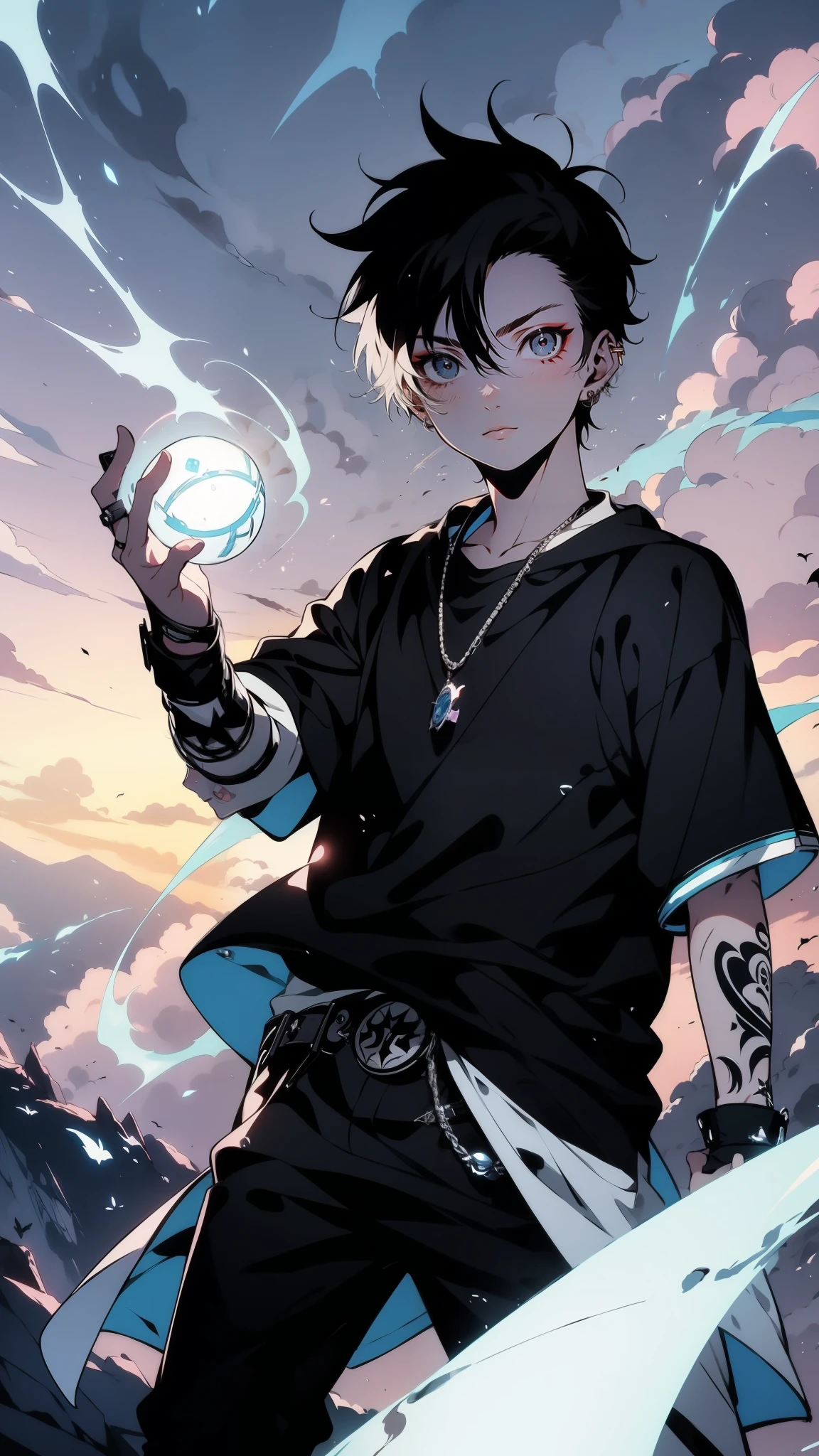 Tattos, A determined teenager, ((holding a magical orb that emits a soft light)), standing on a windswept cliff overlooking a vast, cloudy expanse. Half-length shot, panoramic view, epic mood, abasterpiece)), ((best quality)), ultra detailed,((illustration)), dynamic angle, detailed light, (delicate eyes), (ahoge:0.8),apathy, ray,frontage,style of anime4 k, 4k anime wallpaper, badass anime 8 k, 4 k comic wallpaper