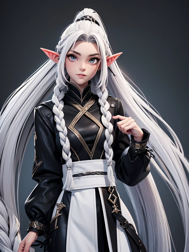 Millicent is a 21 year old young woman.., Tall and fit physique. He has light skin and gray eyes with small pupils... Long wavy white hair braided in a high ponytail with many small braids.. It has long and pointed ears. Described as an incredibly beautiful girl.. Prefers to wear black clothes., gray and white colors
