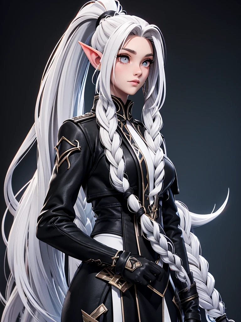 Millicent is a 21 year old young woman.., Tall and fit physique. He has light skin and gray eyes with small pupils... Long wavy white hair braided in a high ponytail with many small braids.. It has long and pointed ears. Described as an incredibly beautiful girl.. Prefers to wear black clothes., gray and white colors