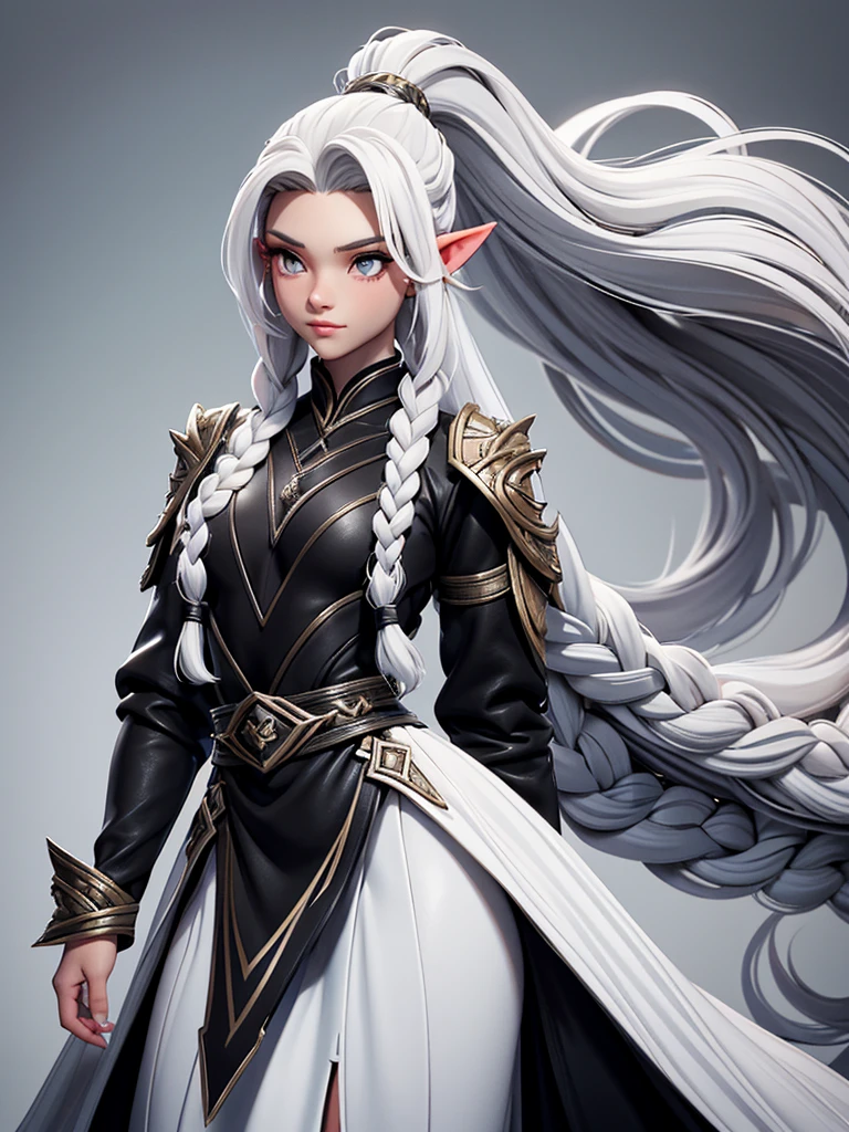 Millicent is a 21 year old young woman.., Tall and fit physique. He has light skin and gray eyes with small pupils... Long wavy white hair braided in a high ponytail with many small braids.. It has long and pointed ears. Described as an incredibly beautiful girl.. Prefers to wear black clothes., gray and white colors