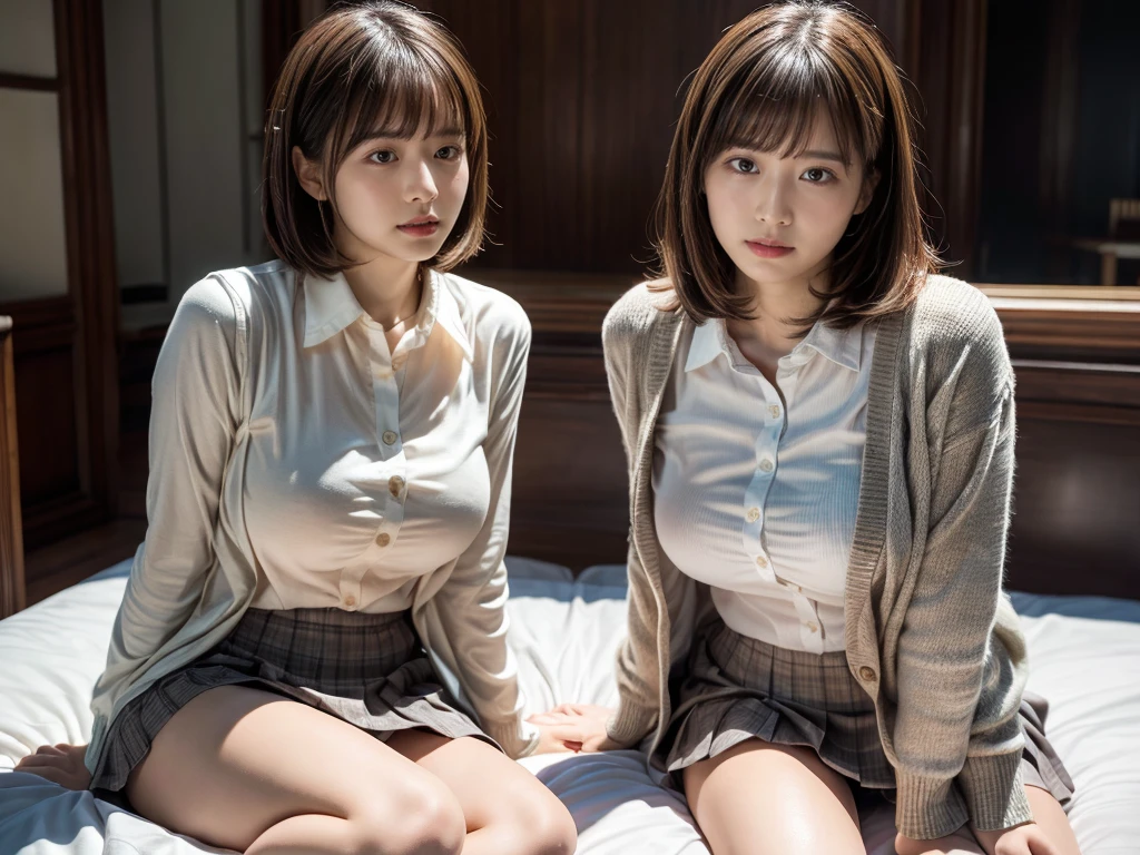 (RAW photo, 4k, masterpiece, high resolution, extremely complex) (realistic: 1.4), cinematic lighting
((2 girls, 2 schoolgirls)),Slam Dunk's,blushing,((innocent)),bright eyes,round eyes,blunt bangs,(short bob hair:1.3),black hair,large breasts,wide hips,Summer Noon, ,Hot, (Best Quality), (Highres), (an Extremely Delicate and Beautiful),(Beautiful 8k face),(Brown eyes),( spectators),(gigantic breasts),(Play with each other,Touching each other's bodies,Touching the body)(detailed cloth texture, long sleeves light brown cardigan:1.2, white collared shirt, light grey pleated skirt), white thigh-high, dark red tie,(reality),bright lighting,(The background is a luxury hotel room)