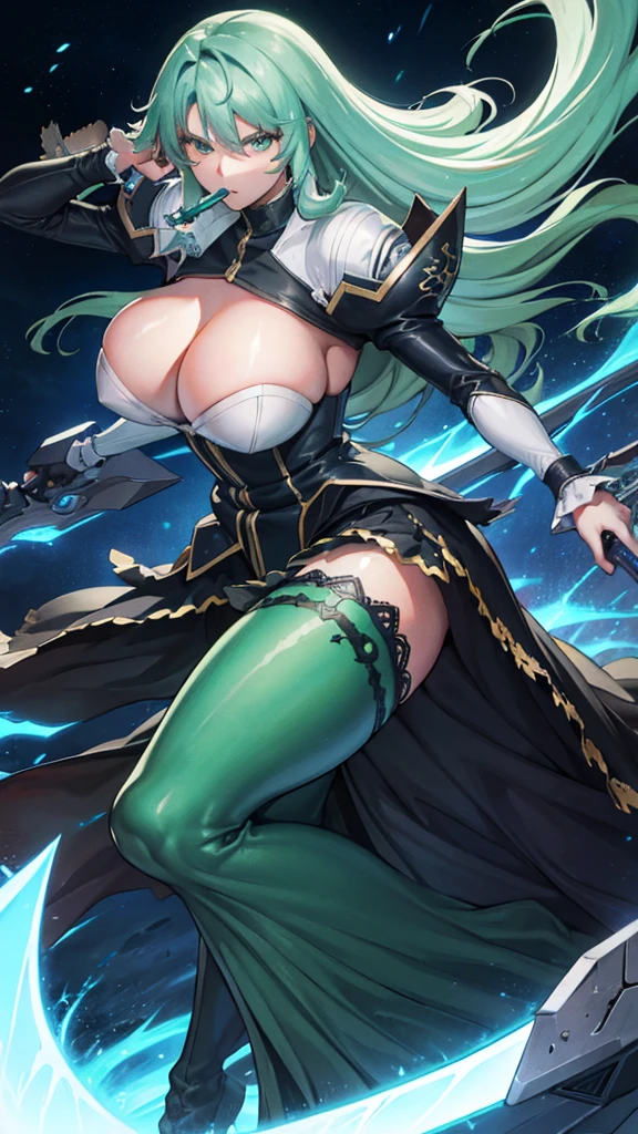 (high detailed)) 27 yo's woman, light cyan hair, green Pandora's clothes,big And round , gorgeous thicc plump body,angry expression,furious eyes,Green satellizer's outfit,Very long skirt, holding handblade, dynamic pose, action position, mouth opended, perfect 