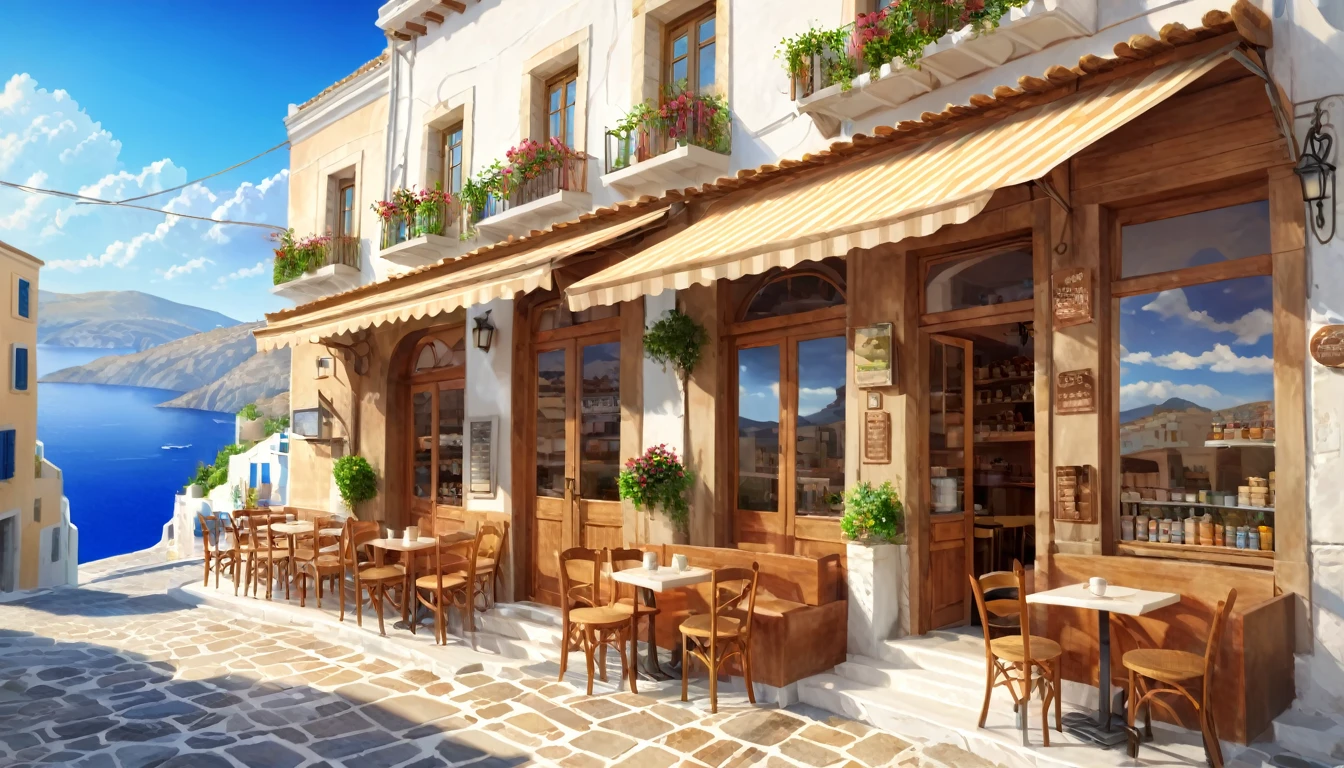masterpiece, Highest quality, Super detailed, Cafe on the hill, scenery, over the counter, Greece, cloud, Outdoor, null, street,building, Realistic