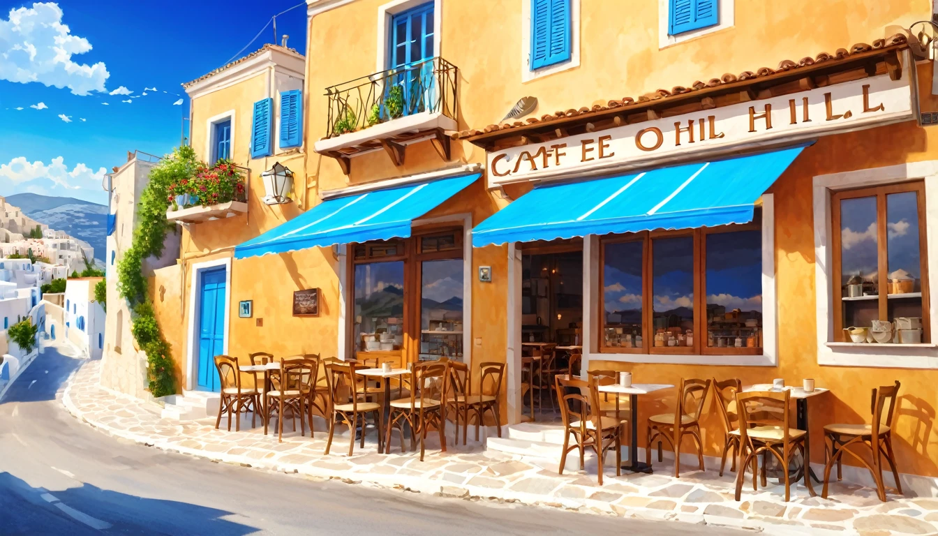 masterpiece, Highest quality, Super detailed, Cafe on the hill, scenery, over the counter, Greece, cloud, Outdoor, null, street,building, Realistic