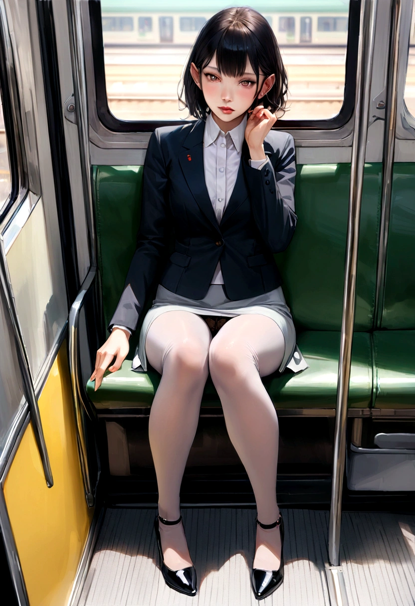 Full body portrait、Realistic、Gray ladies office suit、thin、skinny、thin脚、Black Short Hair ,Tuck your hair behind your ears、Black pumps、{{{Beige pantyhose}}}、blush、sitting in a train seat,  front、Lace panties, Grey tight mini skirt, masterpiece, Highest quality、Daytime