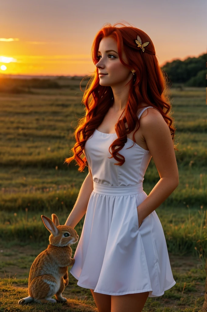 A pretty redhead princess, guera admiring the sunset accompanied by a cute rabbit and a butterfly