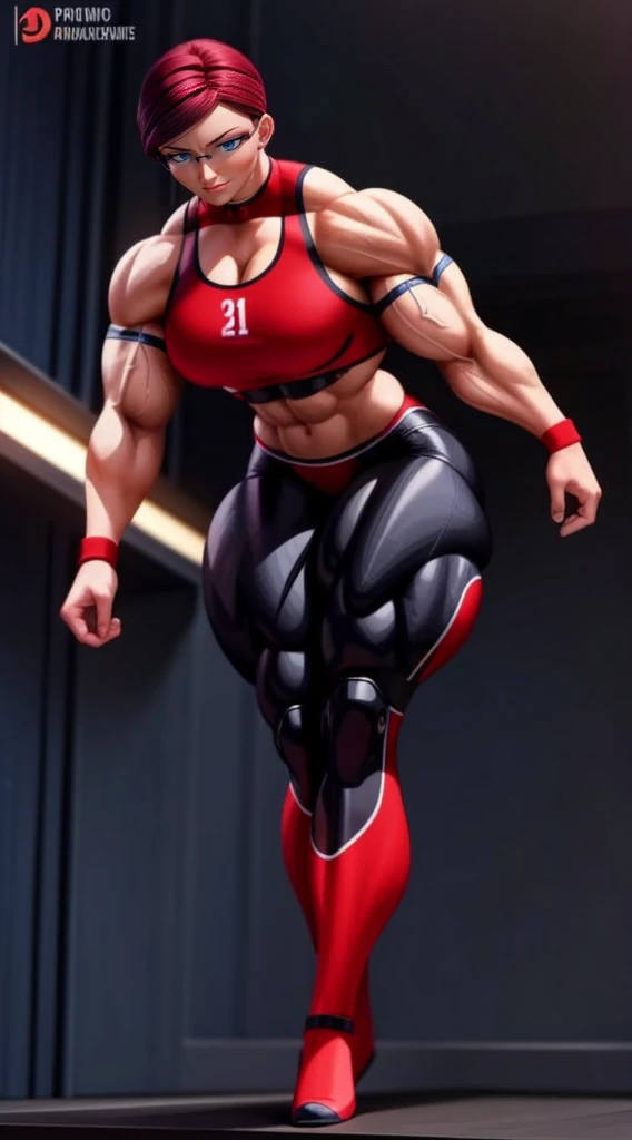 a very muscular female bodybuilder, extremely detailed, athletic body, red sports  and , dynamic pose, artistic lighting, dramatic shadows, cinematic composition, photorealistic, high contrast, vivid colors, 8k, hyper detailed