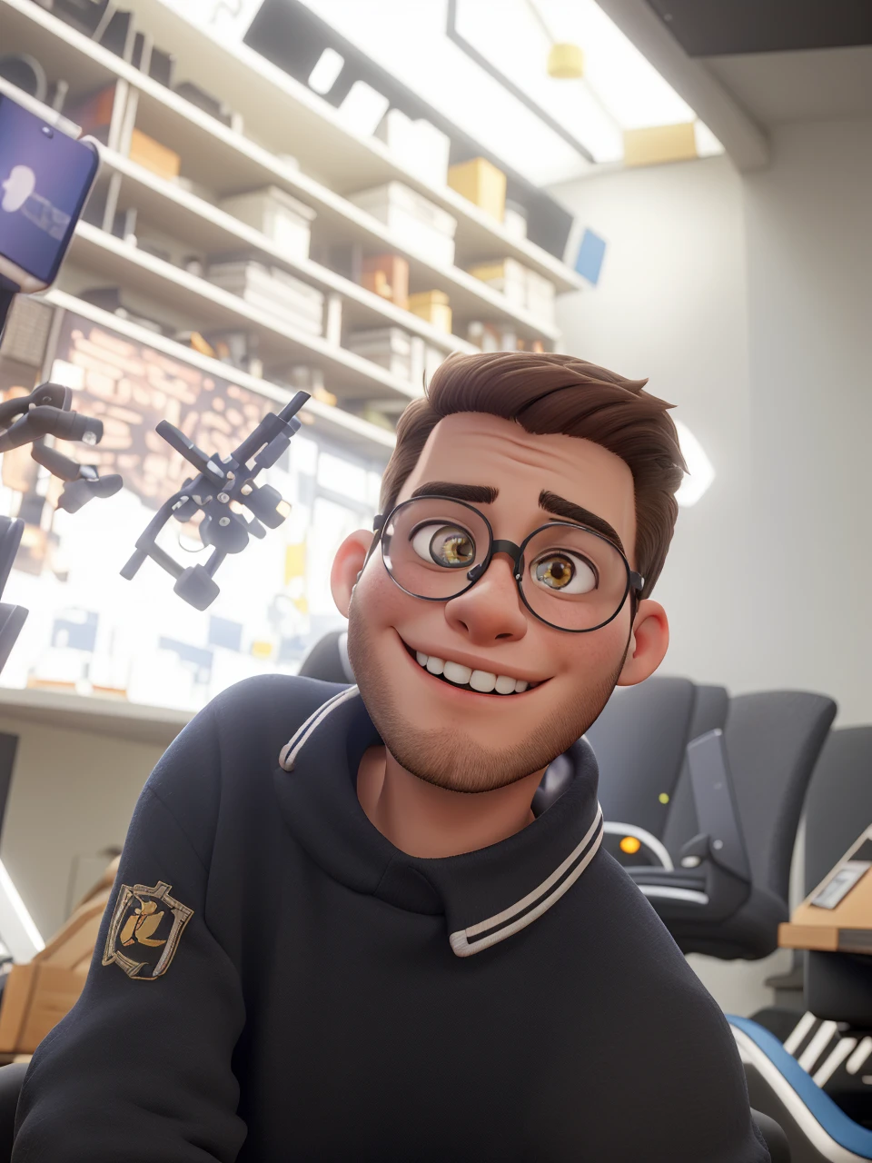 a 23 year old boy , with brown hair cut in a gradient style , Round glasses , Black Costume, smiling, in cell phone technical assistance, sitting on a gaming chair , highly real, ultra HD, Bright dark, super verbose