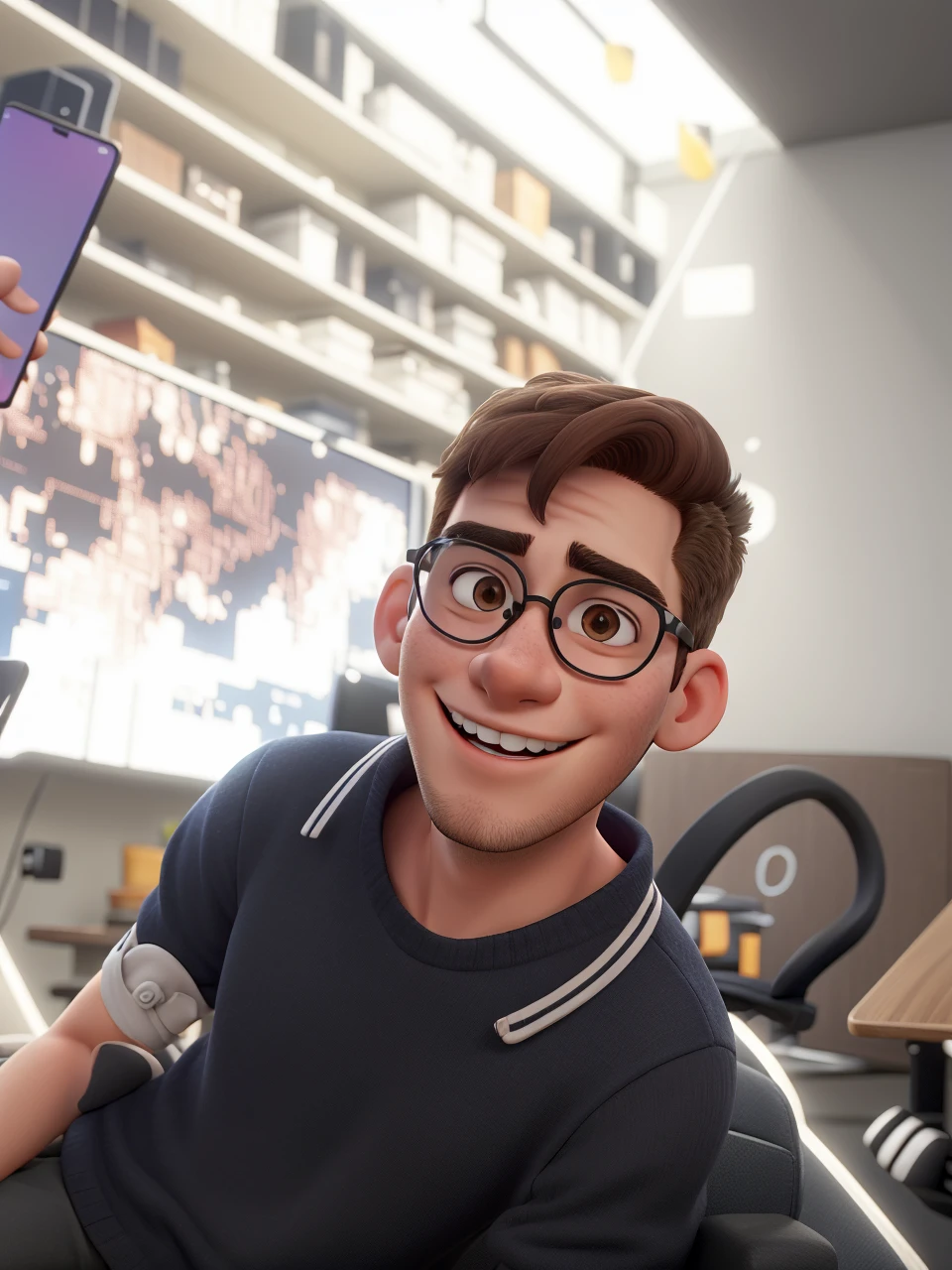 a 23 year old boy , with brown hair cut in a gradient style , Round glasses , Black Costume, smiling, in cell phone technical assistance, sitting on a gaming chair , highly real, ultra HD, Bright dark, super verbose