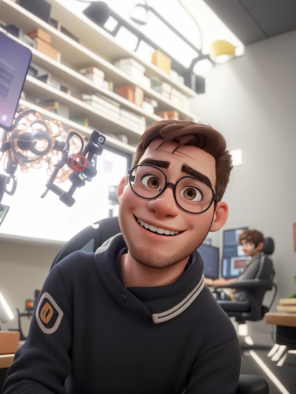 a 23 year old boy , with brown hair cut in a gradient style , Round glasses , Black Costume, smiling, in cell phone technical assistance, sitting on a gaming chair , highly real, ultra HD, Bright dark, super verbose