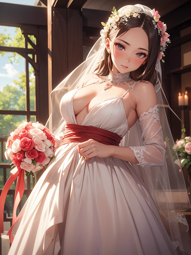 Masterpiece:1.2, best quality), realistic, (Real picture, complicated details, depth of field), (1 girl, alone), put on makeup, Chapped lips, มีรายละเอียดhigh, perfect face, (scalping), thick thighs, wide hips, small waist, high, glossy coral lips,, (Young woman in a wedding dress with flowers in her hand )), sexy, blushing, Mikasa from AOT