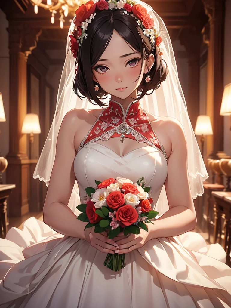 Masterpiece:1.2, best quality), realistic, (Real picture, complicated details, depth of field), (1 girl, alone), put on makeup, Chapped lips, มีรายละเอียดhigh, perfect face, (scalping), thick thighs, wide hips, small waist, high, glossy coral lips,, (Young woman in a wedding dress with flowers in her hand )), sexy, blushing, Mikasa from AOT