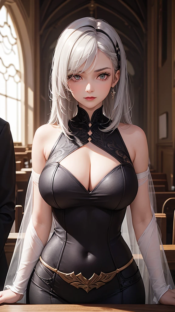 1 Private Wife，alone，long hair，Huge Breasts，cleavage，left eye red eye，Right eye green eye，Sexy，Short silver hair，Mature female，widow，(masterpiece: 1.0，(the best_quality: 1.0)，silence，Black Armor，Fantasy World，Board hairstyle，Calm down，Inside the Palace，In a meeting，Upper body close-up，lipstick，During the sermon
