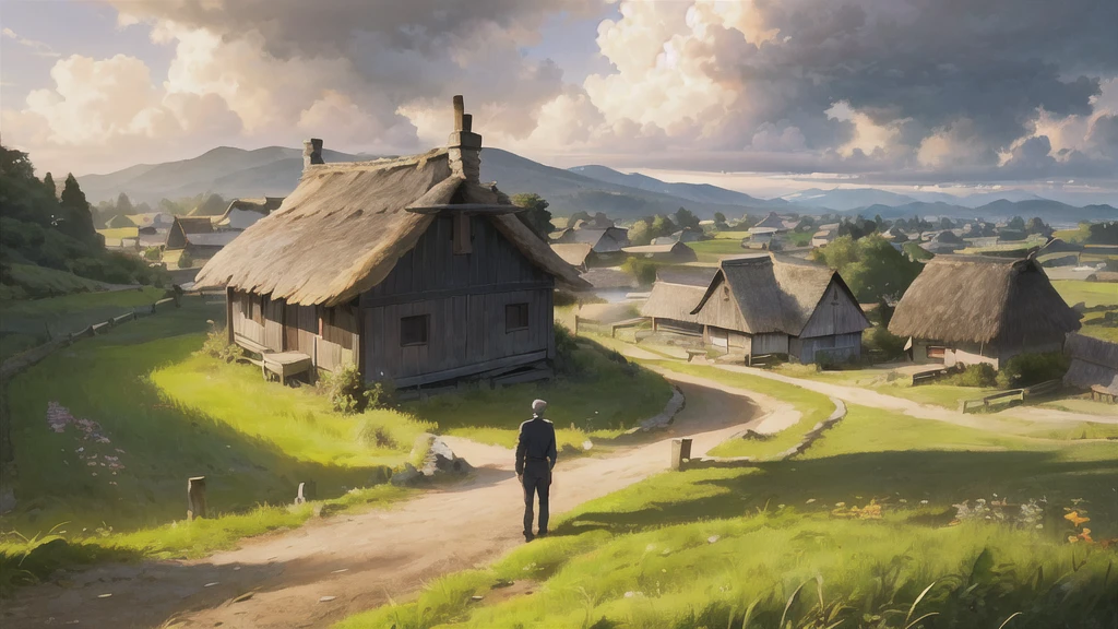 1 man standing in a rustic countryside village, detailed thatched roofs, wooden buildings, lush farmland, rolling hills in the background, golden hour lighting, dramatic clouds, cinematic composition, vibrant colors, photorealistic, 8k, high quality, intricate details, dramatic lighting