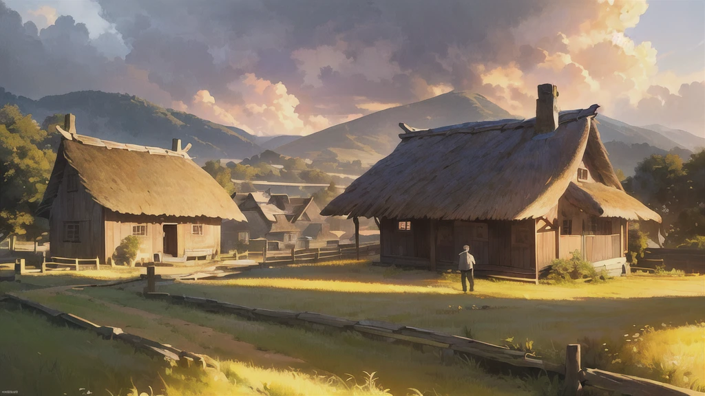 1 man standing in a rustic countryside village, detailed thatched roofs, wooden buildings, lush farmland, rolling hills in the background, golden hour lighting, dramatic clouds, cinematic composition, vibrant colors, photorealistic, 8k, high quality, intricate details, dramatic lighting