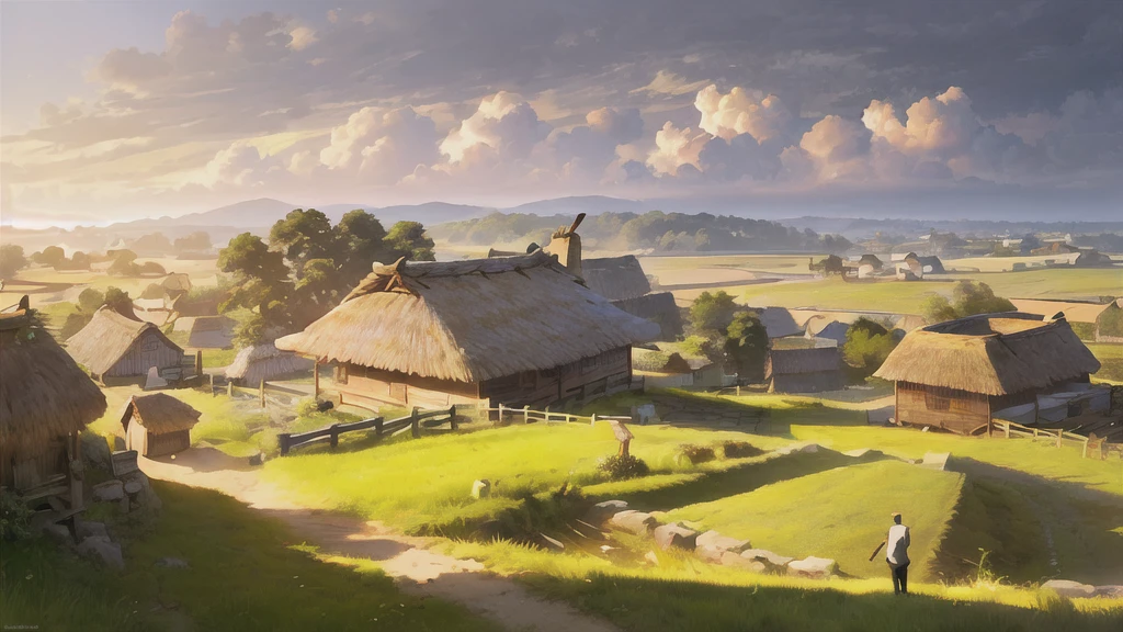 1 man standing in a rustic countryside village, detailed thatched roofs, wooden buildings, lush farmland, rolling hills in the background, golden hour lighting, dramatic clouds, cinematic composition, vibrant colors, photorealistic, 8k, high quality, intricate details, dramatic lighting
