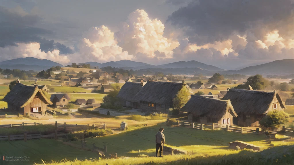 1 man standing in a rustic countryside village, detailed thatched roofs, wooden buildings, lush farmland, rolling hills in the background, golden hour lighting, dramatic clouds, cinematic composition, vibrant colors, photorealistic, 8k, high quality, intricate details, dramatic lighting
