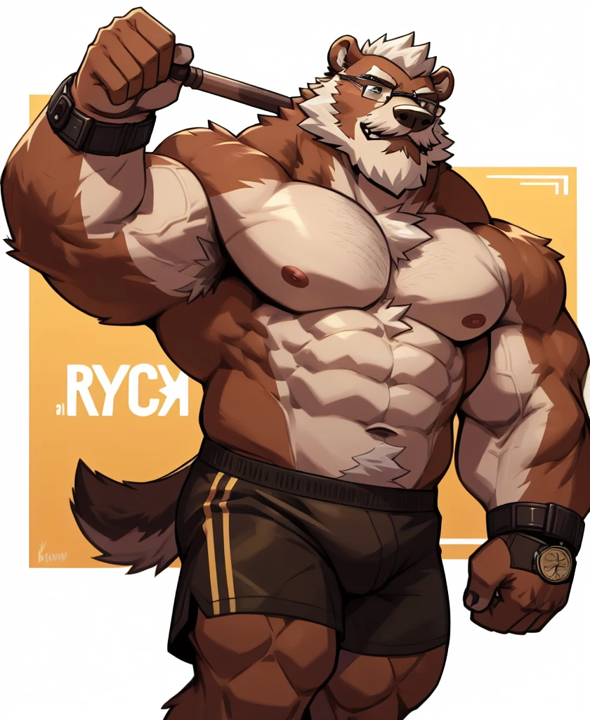 solo, 1boy, Huge Muscular Old Grizzly Bear wearing glasses , pectoral, huge pectoral, wide pectoral, short white hair, short pants, black wristbands, watch and shirtless and topless, bearded, Mustache, olympium background, masterpiece, high detailed, 8k, high resolution, running all over the tracks, training popping