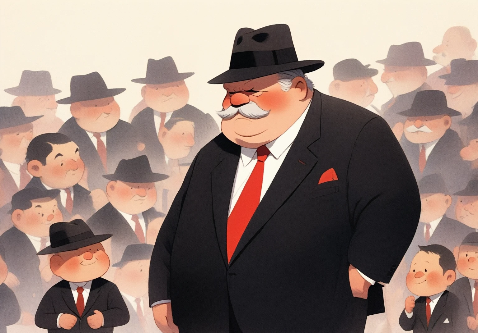 children's picture books,crayon paintings, blushes, 1 old man, fat, mafia boss, in black suite, red tie, side view
