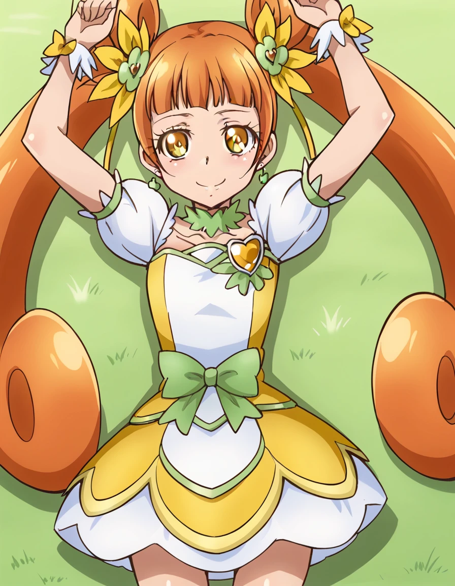  curerosetta, shiny skin,  high quality, solo, lying, on back, arms up, spread arms, closed mouth, on grass, (cowboy shot:1.5), looking at viewer, nervous, smile, best quality, 