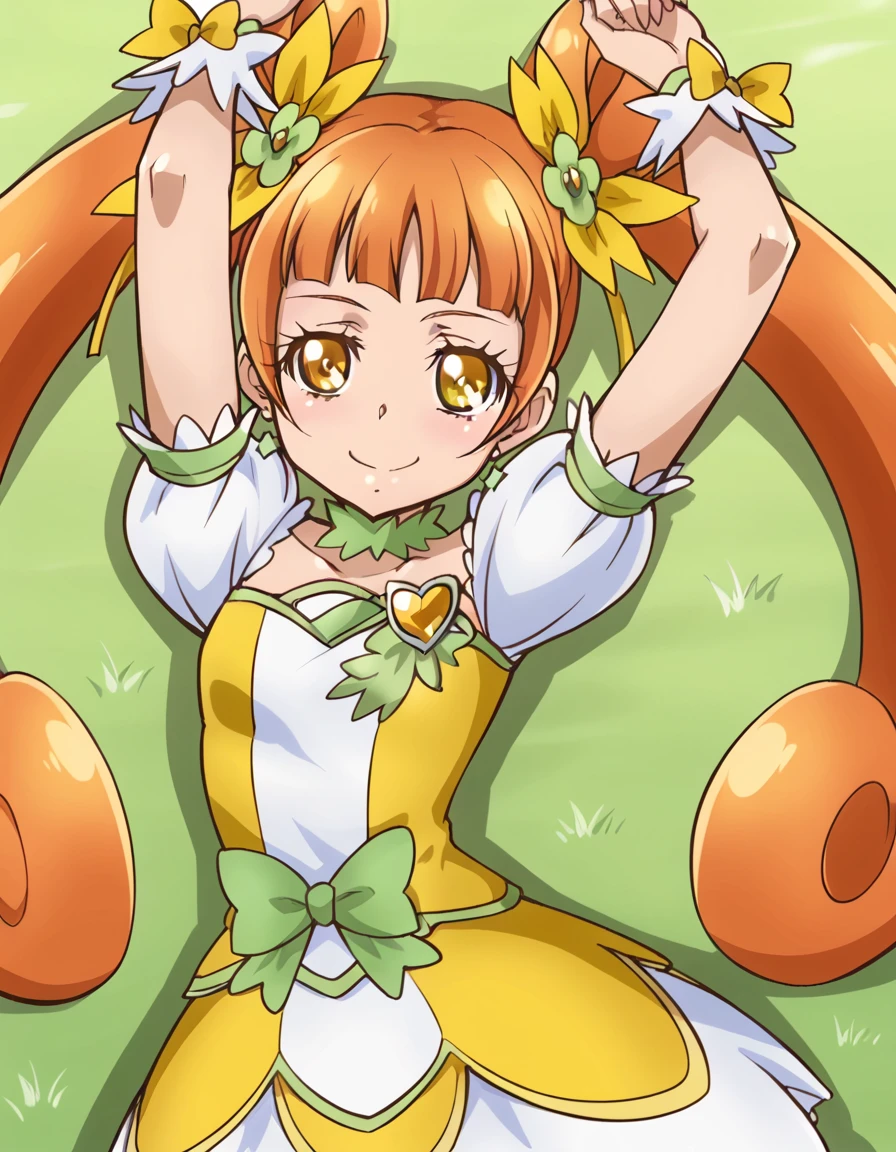 curerosetta, shiny skin, high quality, solo, lying, on back, arms up, spread arms, closed mouth, on grass, (cowboy shot:1.5), looking at viewer, nervous, smile, best quality,