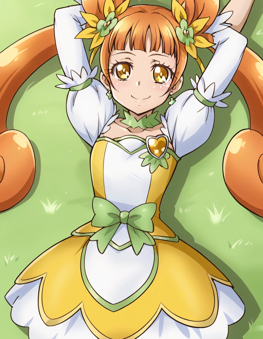 curerosetta, shiny skin,  high quality, solo, lying, on back, arms up, spread arms, closed mouth, on grass, (cowboy shot:1.5), looking at viewer, nervous, smile, best quality, 