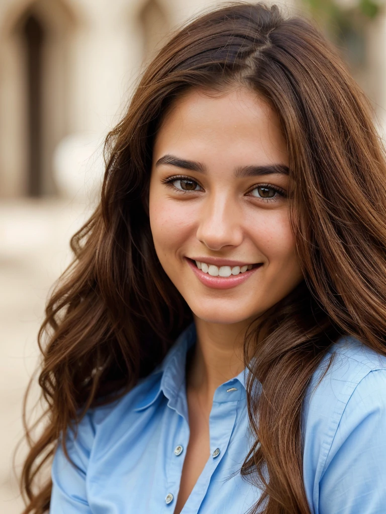 a photo-realistic portrait of a beautiful Palestinian woman with long brown hair, blue shirt, white teeth, and a cute smile, with highly detailed and realistic facial features, modest expression, and realistic white skin tone