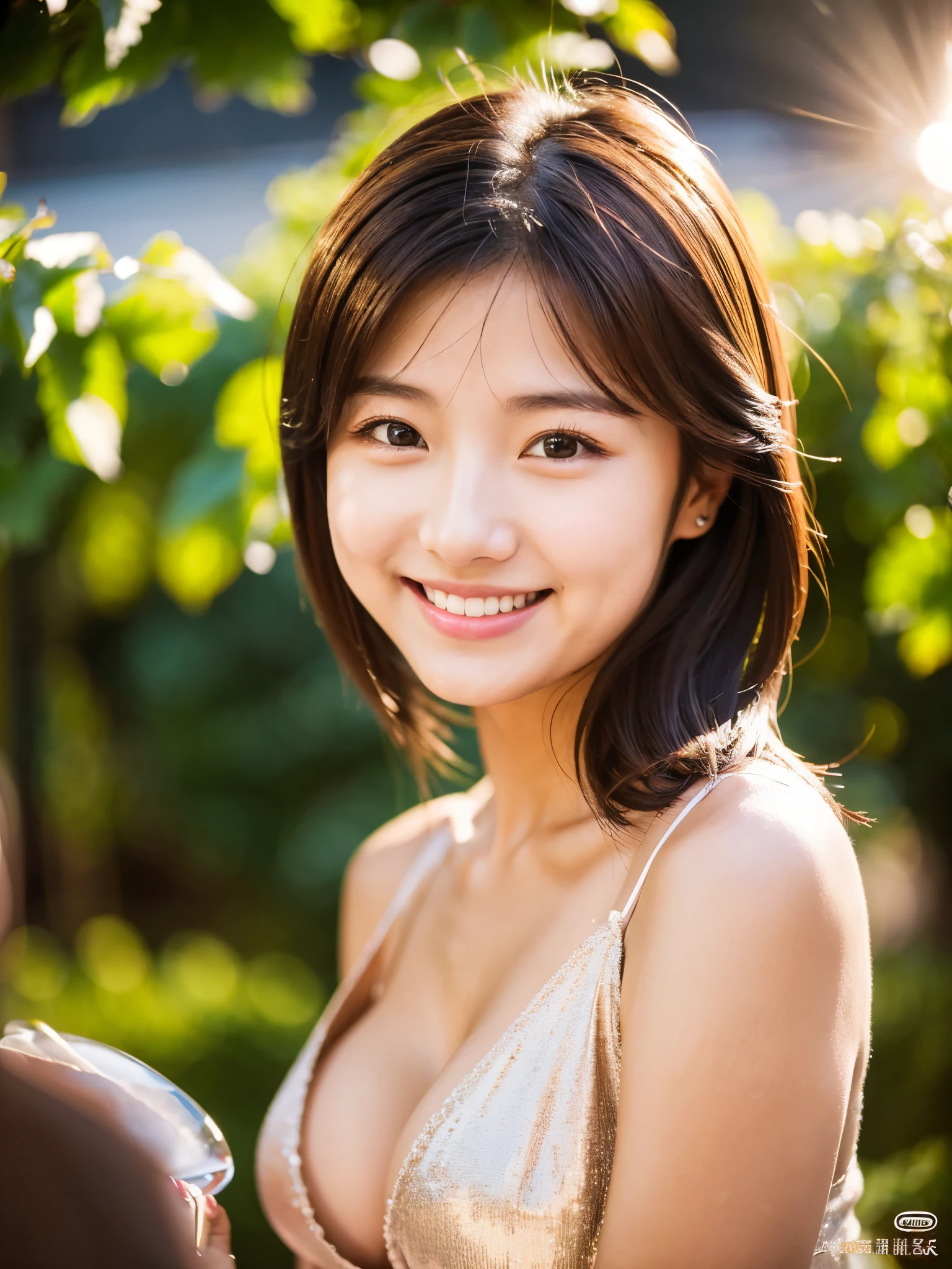 A very cute face like a 15-year-old idol Smiling Kindly ((whole body)) No sleeve Medium Bust Cleavage Stylish evening wine bar Cinema lighting Natural light Artistic RAW Photos Genuine High quality that is indistinguishable from real life Real Stick High resolution