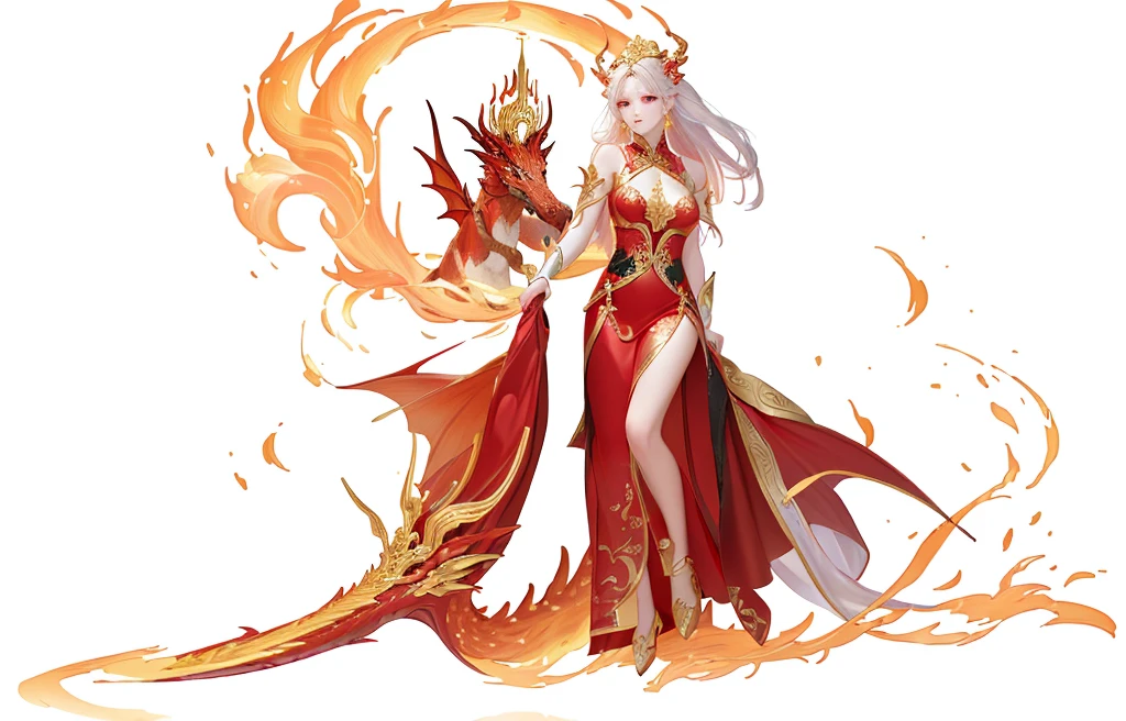 Dressed in red、Woman riding a dragon, Full body fairy, appears as the Fire Goddess, Inspired by Guillaume, bian lian, g liulian art style, Fire Goddess, Inspired by Lan Ying, Fire Goddess, Inspired by Pu Hua, heise jinyao, Inspired by Ai Xuan, Beautiful fantasy queen