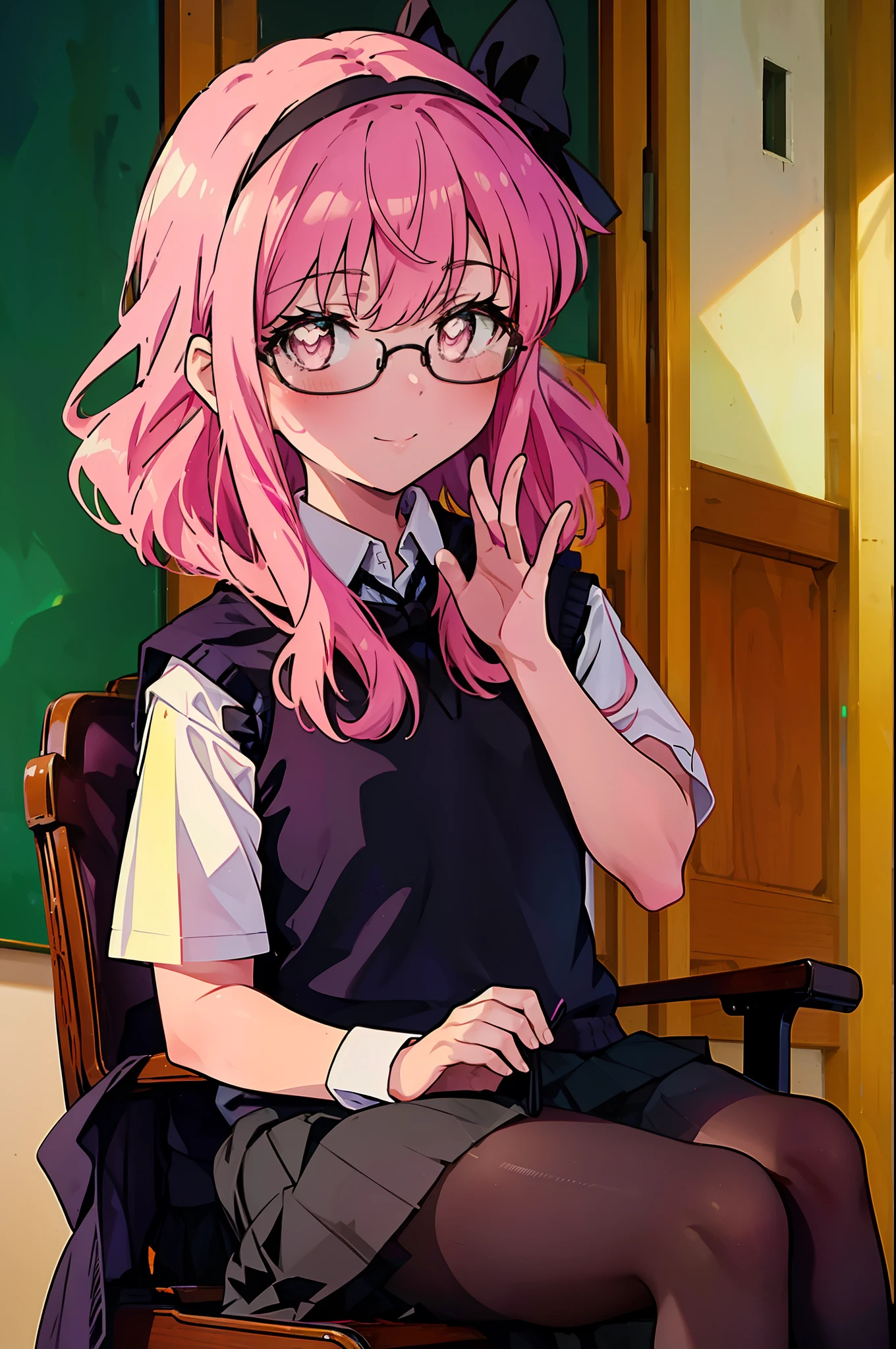 {{masterpiece}},{{Highest quality}},{{High resolution}},{{Caustics}},{{Familiar}},blush,
smile,Louise Françoise Le Brun de La Valliere,Akabuchi Glasses Pink Hair,Pink Eyes, 黒break skirt, shirt, bow, ribbon, , white shirt, Short sleeve, Pleated skirt, collared shirt, mini skirt, bowtie, 黒いloafers , Black Skirt, Black pantyhose, loafers, green bow, (pink sweater vest:1.5),,classroom,Sit on a chair,whole body,(Cowboy Shot:1. 5),break (masterpiece:1.2), Highest quality, High resolution, unity 8k wallpaper, (shape:0.8), (Fine and beautiful eyes:1.6), Highly detailed face, Perfect lighting, Highly detailed CG, (Perfect hands, Perfect Anatomy),