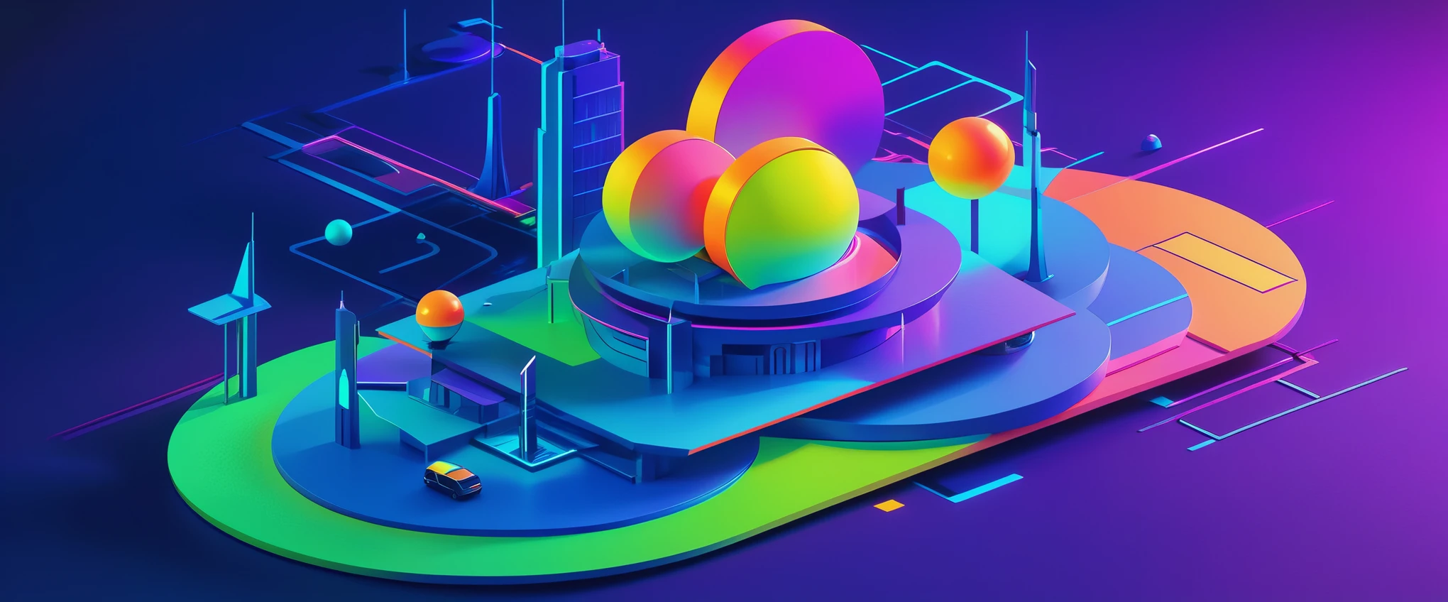 a Color illustrations of a futuristic city with a tower and a clock, Futuristic colorful shadows, Colorful graphic surreal design, Cinema 4d colorful rendering, Stylized 3D graphics, 3D geometric neon shapes, Colorful graphic surreal design, Abstract scene design, 3d matte illustration, Vibrant composition and color, Colorful and detailed projection, Abstract neon shapes, Color illustrations