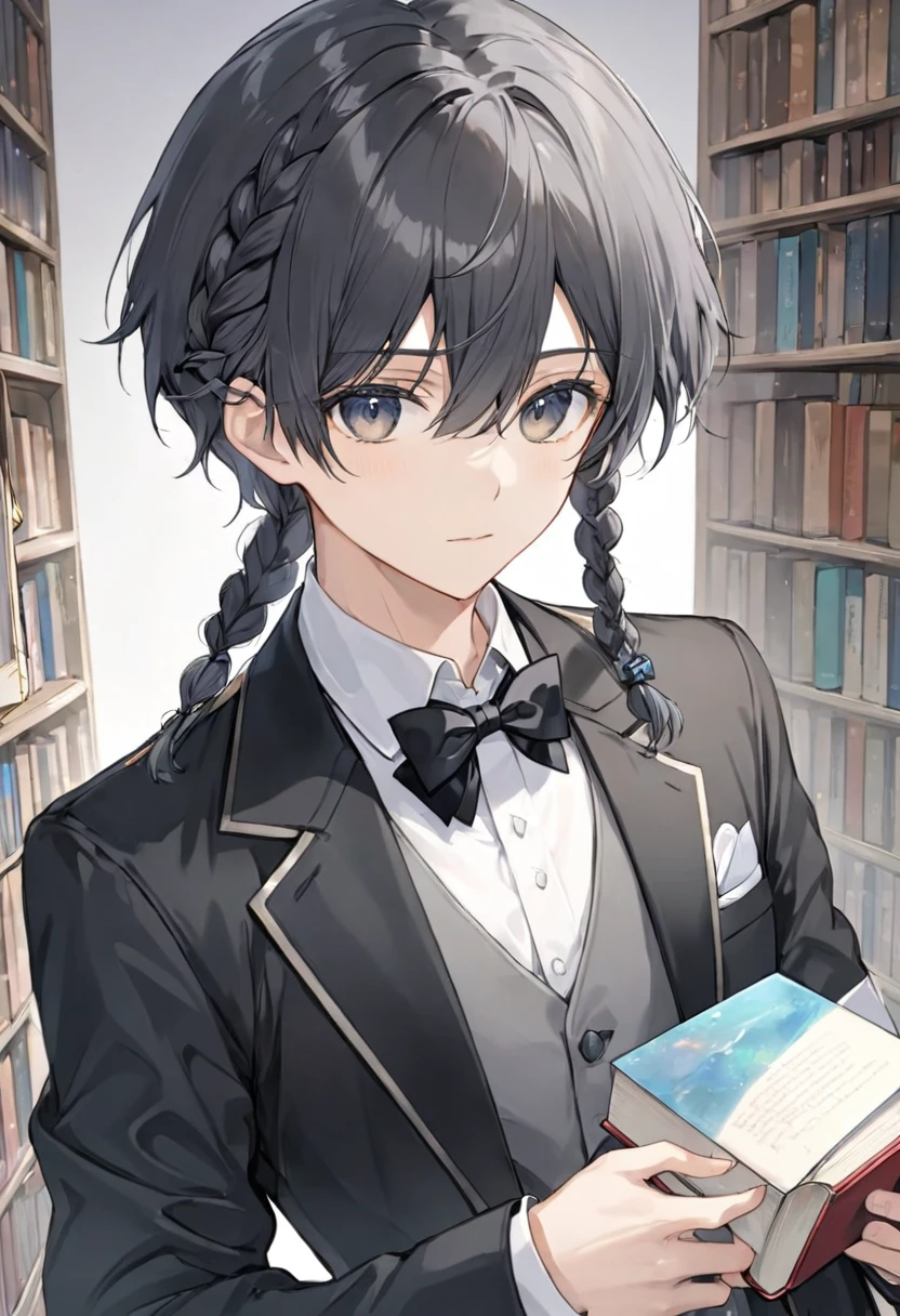 solo, looking at viewer, shirt, black hair, long sleeves, 1boy, bow, holding, jacket, white shirt, upper body, braid, gray hair, male focus, bowtie, black jacket, book, single braid, black bow, formal