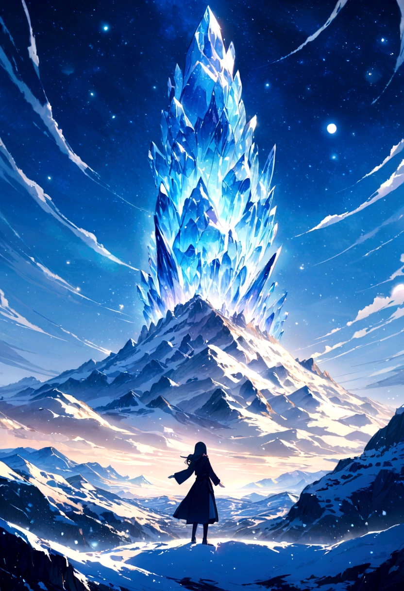 Rear view, with their face not visible.Woman standing in a snowy landscape. Snow falls on the outstretched hand.Fantastic sky. crystal clear skies.Floating stars and planets.Fantastic blue. High quality down to the smallest detail. fantastic landscape . People are far away