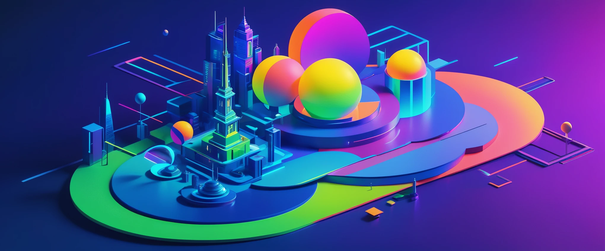 a Color illustrations of a futuristic city with a tower and a clock, Futuristic colorful shadows, Colorful graphic surreal design, Cinema 4d colorful rendering, Stylized 3D graphics, 3D geometric neon shapes, Colorful graphic surreal design, Abstract scene design, 3d matte illustration, Vibrant composition and color, Colorful and detailed projection, Abstract neon shapes, Color illustrations