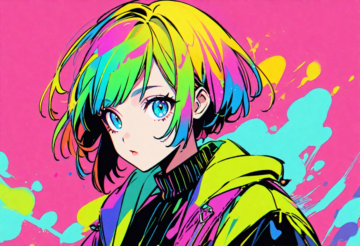1girl, stylish, bright, boyish, colorful simple background, 8k