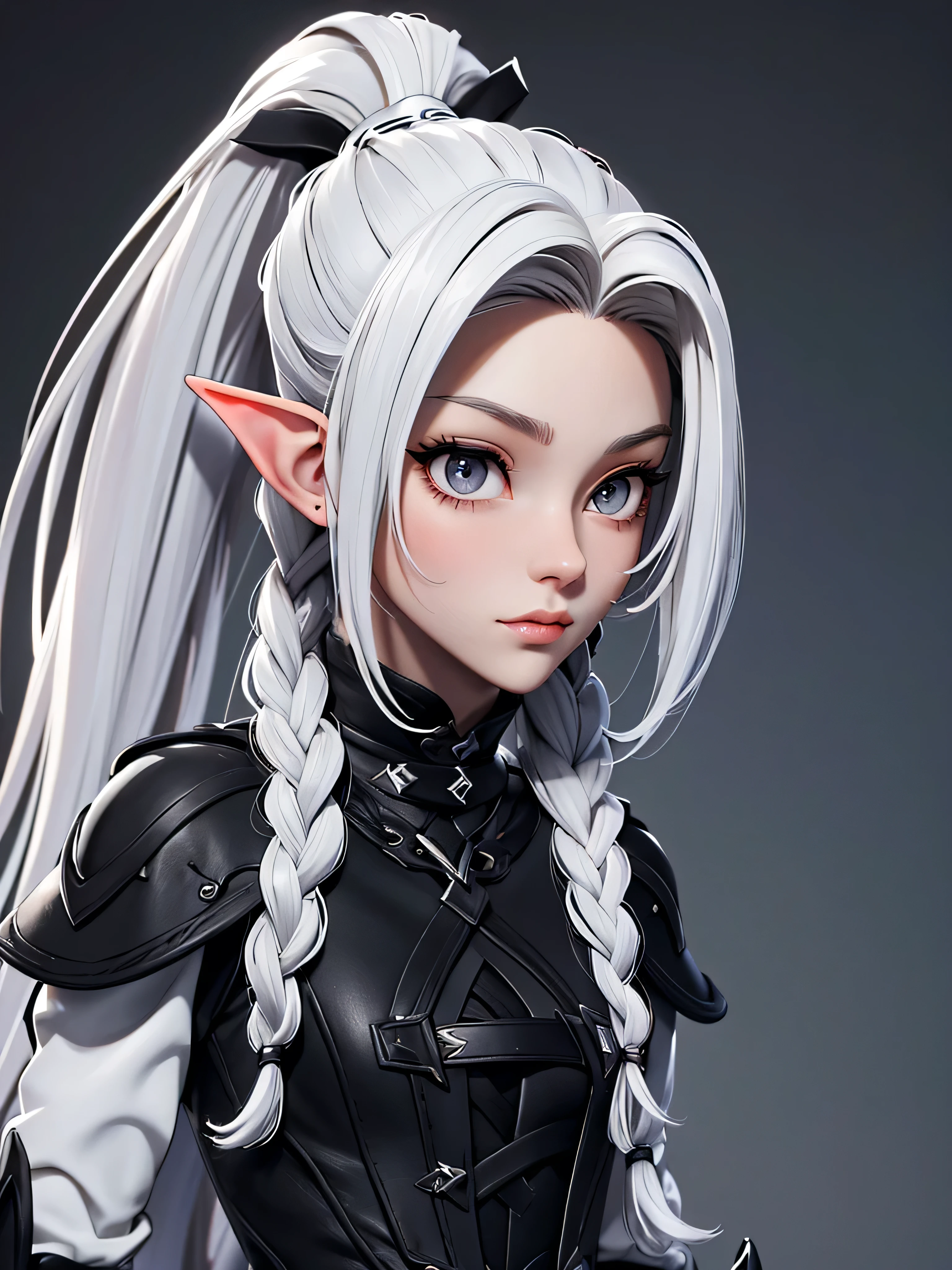 Millicent is a 21 year old young woman.., Tall and fit physique. He has light skin and gray eyes with small pupils... Long wavy white hair braided in a high ponytail with many small braids.. It has long and pointed ears. Described as an incredibly beautiful girl.. Prefers to wear black clothes., gray and white colors