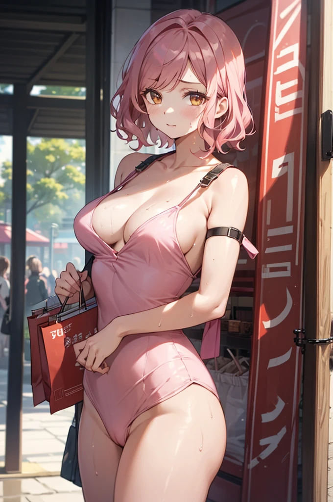 NSFW, best quality, ultra-detailed, walking , (1 woman:1.4), (solo:1.4), (Liz 32 years old with wavy pink medium hair and medium-large breasts and light brown eyes, :1.3), (makeup:0.8),medium wavy pink hair, looking looking at viewer, medium-large breasts, shoulder strap,shopping street, summer, (sweat.1.2), cicada, ,at Japan, cicada, 