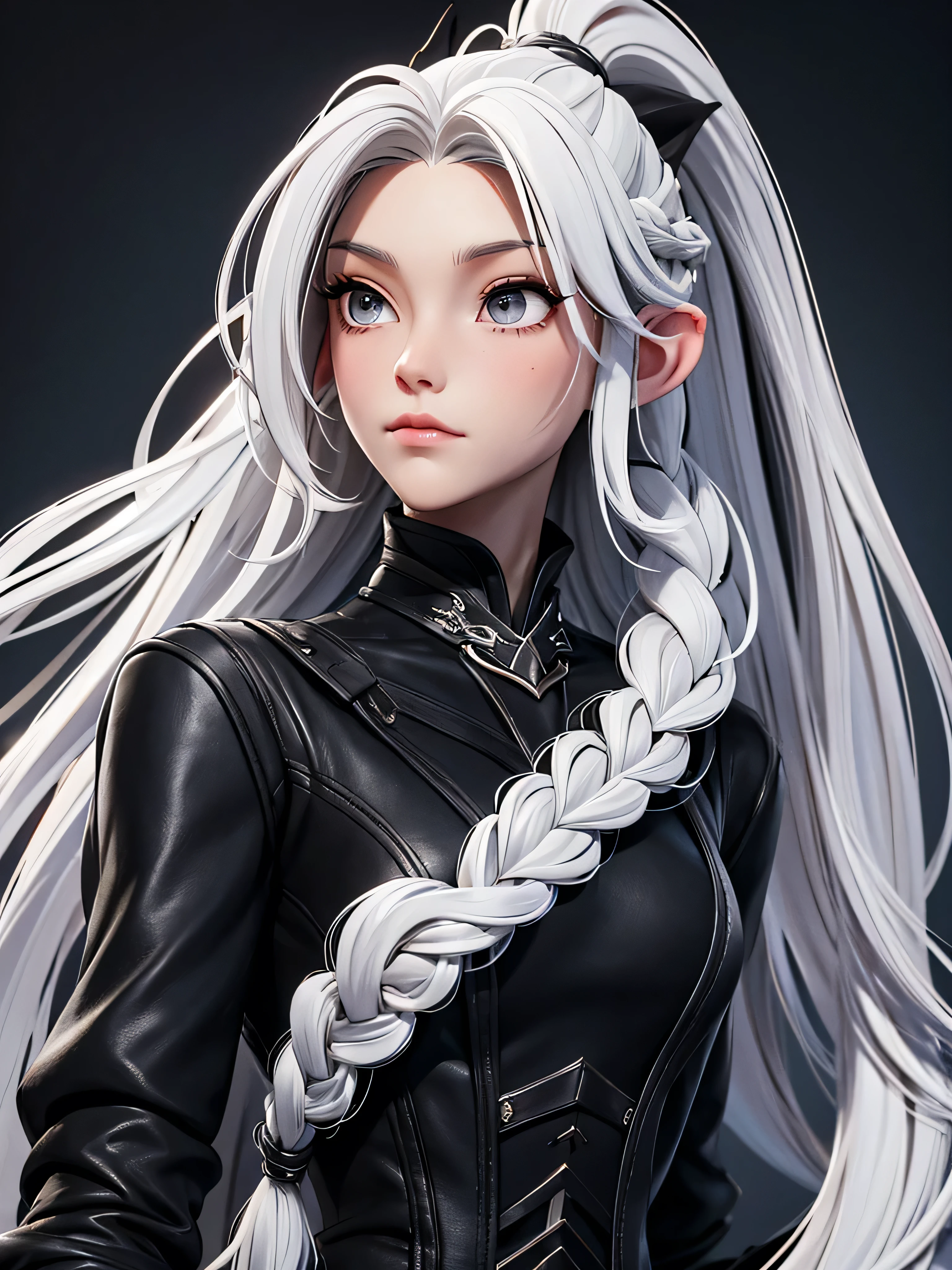 Millicent is a 21 year old young woman.., Tall and fit physique. He has light skin and gray eyes with small pupils... Long wavy white hair braided in a high ponytail with many small braids.. It has long and pointed ears. Described as an incredibly beautiful girl.. Prefers to wear black clothes., gray and white colors